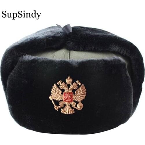 SupSindy Soviet Badge Ushanka Men Winter Bomber Hats Pilot Faux Fur Earflap Trapper Trooper Hat Russian National Emblem Snow Hat