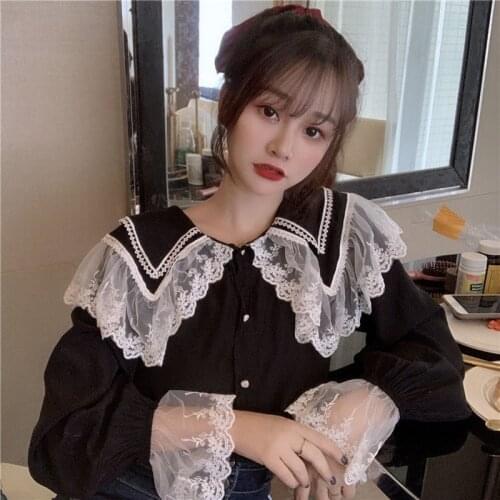 Button Up White Shirt Women Vintage Clothes Ruffle Puff sleeve Top with Lace Collar Blouse Oversize Loose Casual Shirt