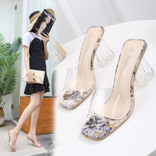2021 New Big Shoes 42 Transparent Print Sandals Open Toe High Heels Women Transparent Perspex Slippers Shoes Heel Clear Sandals