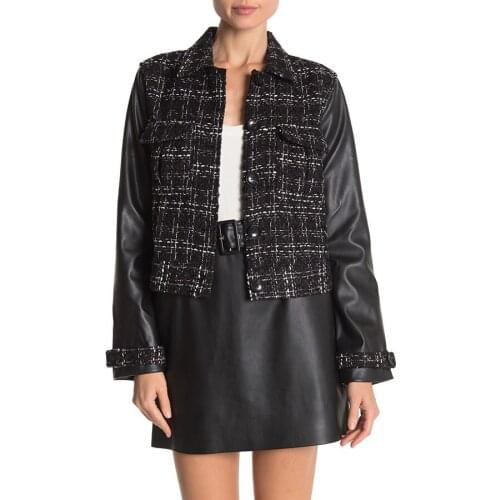 LA Designer Faux Leather Patches Tweed Cropped Jacket Flap Pocket Boxy Jacket Single Breasted PU Vinyl Texture Oversized Jacket