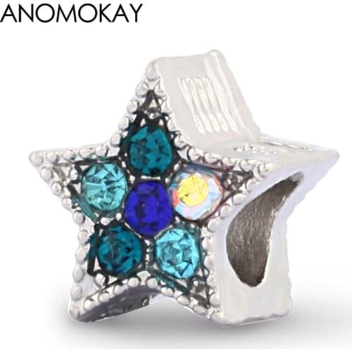 Anomokay Trendy Colorful Blue Crystal Star Beads fit Bracelets Silver Color Pentagram Crystal Charms for DIY Jewelry 2 Pcs