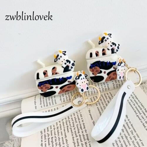 Milk for airpods 1 2 pro case 3d pendant box cute cartoon cow soft silicone wireless bluetooth headset protect cover accessories