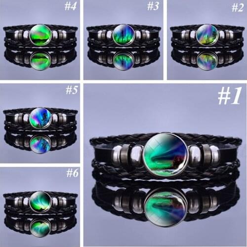 Black Leather Bracelet Northern Lights Bangle Northern Lights Trees Bracelet Glass Cabochon Bracelet Galaxy Universe Jewelry