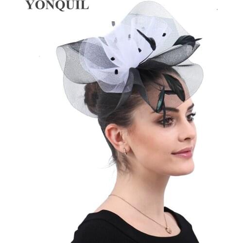 Elegant Women Wedding Fashion Headwear Mesh Hats Hair Fascinators Ladies Tulle Cocktail Race Hair Accessories Fancy Feathers