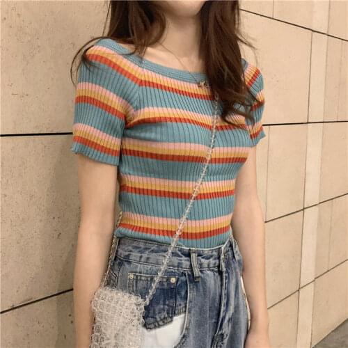 Woman TShirts Vintage Stripe Short-Sleeved Knitted T-shirt Womens off-Shoulder Slim Top Crop Top Mujer Camisetas