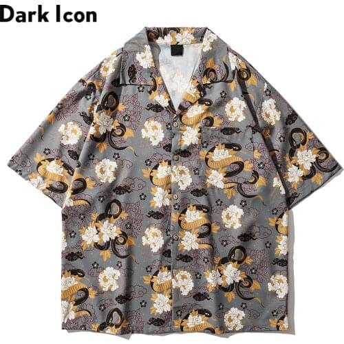 Dark Icon Floral Printed Hawaiian Shirt Men Summer Vintage Street Polo Shirts Man Male Top