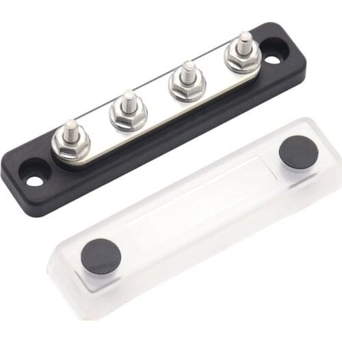 Terminal Bus Bar & Cover Ground Distribution Block Kit High Current 4 Way Busbar 100A + Transparent Upper Cover For 12/24V Car