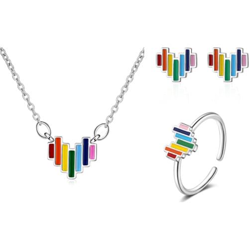 925 Sterling Silver Love Heart Jewelry Set Colorful Rainbow Necklace Earring Ring For Women Wedding Party Jewelry Set