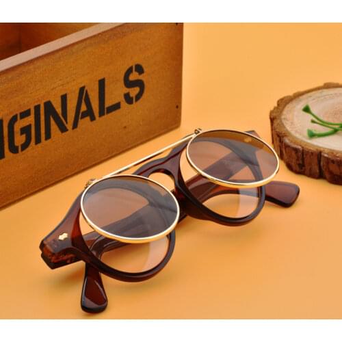 Flat Top Clamshell Goggles Round Brand Designer Metal Retro Men Women Flip Up Sun Glasses Vintage Gothic Steampunk Sunglasses