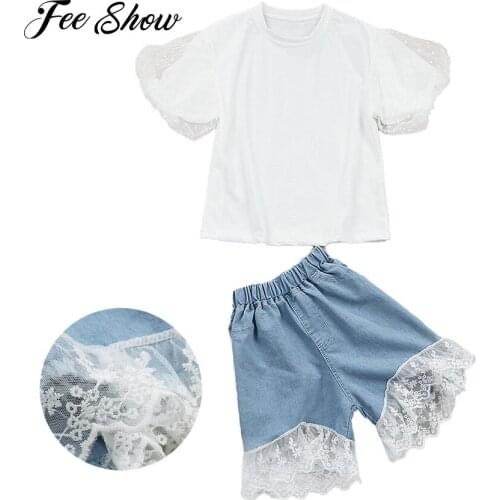 Summer Girls Clothes Sets Kids Princess Puff Sleeve Tops + Lace Flower Embroidery Hem Denim Shorts Outfits Children Fashion Suit
