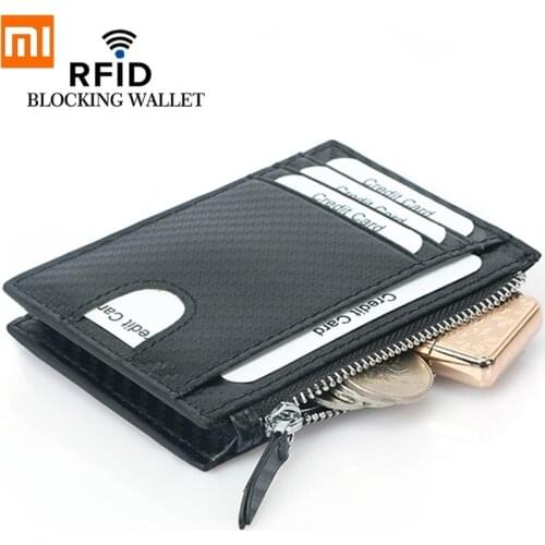 Xioami Fashion Wallet Zipper Coin Purse RFID Carbon Fiber Credit Card Case First Layer Cowhide Card Holder Multi-card Slot