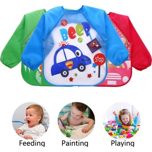 Waterproof Baby Bibs Adjustable Cartoon Boy Girls Self Feeding Bib With Long Sleeve Anti-Dust Infant Apron For Painting Playing