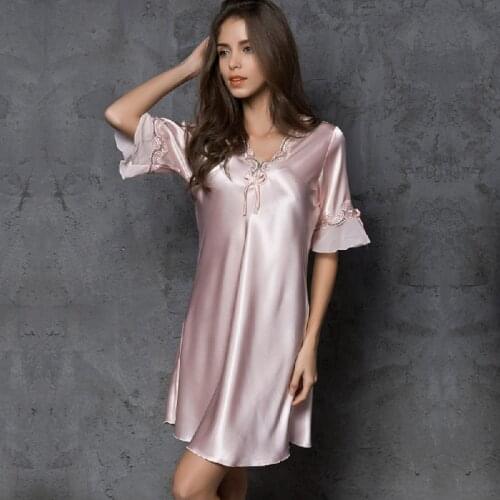 2021 New Women Satin Sleepwear Silk Nightgown Half Sleeve Embroidery Night Dress Sexy Lingerie Sleep Dress Silk Nightwear HH871
