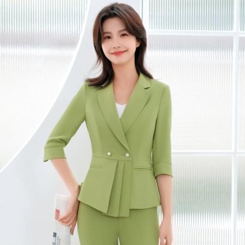 Novelty Green Formal Women Business Suits Half Sleeve Spring Summer Office Work Wear OL Styles Blazers Career Interview Job Set