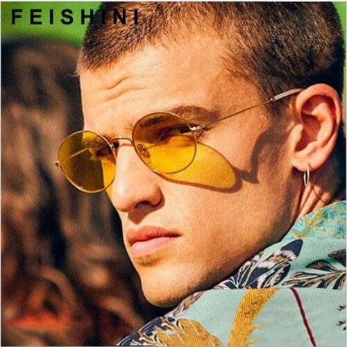 FEISHINI 2021 Ocean color Tiny Alloy Hip Hop Sun Glasses Women Oval Red Star Transparent Original Sunglasses Polarized Men Oval
