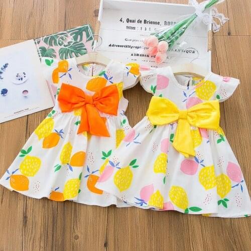 Qunq 1 2 3 4 Year Baby Children Dress 2021 New Summer Lemon Fruit Print Kids Clothes for Girl Big Bow Sweet Toddler Girl Costume