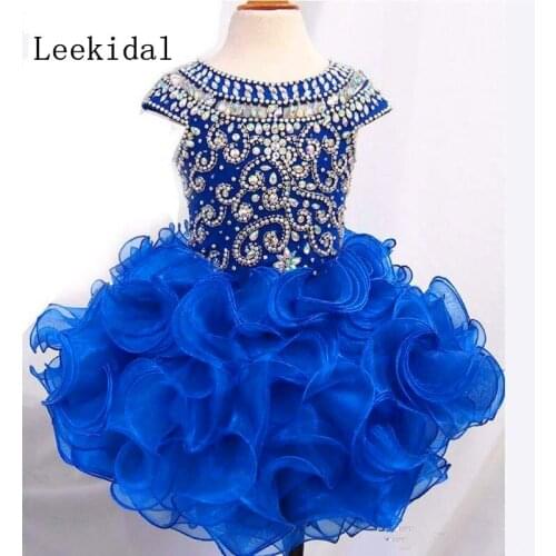 Real Photos Royal Blue Sparkly Beaded Crystal Girls Pageant Gown Ruffles Organza Short Mini Tutu Flower Girl Dresses Custom Made