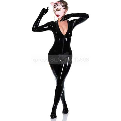 Sexy Female Latex Catsuit Deep V Rubber Bodysuit with Socks Gloves Plus Size Handmade Jumpsuit Dropshipping S-LCM354