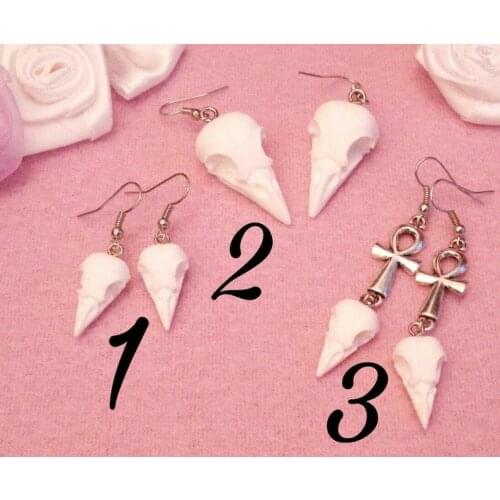 White Crowskull Earrings,Faux Taxidermy,pagan Witch Goth Skull Jewelry,Victorian,Steampunk Jewelry,Animal Skull Gift for Her