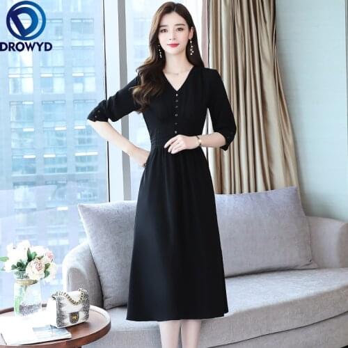 Summer Vintage Casual Midi Dress Elegant Women Casual Party Solid Black dresses Vestidos 2021 Bodycon Office Lady Shirt Dress