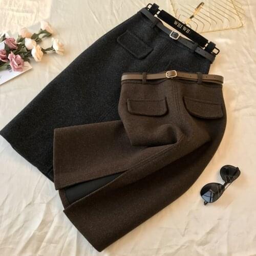 Woolen Skirts High Waist auutmn winter women Lady Office knee length Skirts Front Split Elegant a-line