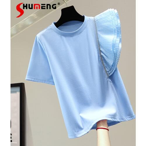 2021 Summer Diamond Irregular Tees Pleated Ruffle Patchwork Short-Sleeved White T-shirt Korean Tops for Women