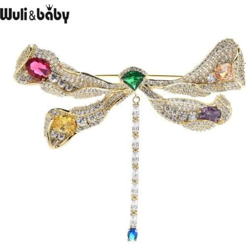 Wuli&baby Luxury Dragonfly Brooches Women Cubic Zirconia Movable Tail Dragonfly Pins 2021 Designer Collection Jewelry Gift