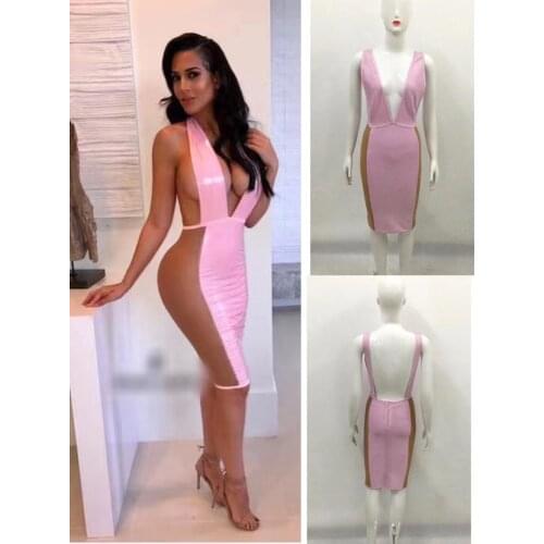 Summer Women Sleeveless Bodycon Pink Blush Patchwork Brown Color Outfits Rayon Sexy Knee Length Party Night Club Bandage Dresses
