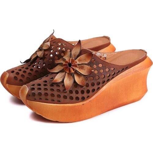 Genuine Leather Womens Loafers High Platform Womens Slippers Retro Increased Wedge Womens Sandals Zapatillas Mujer