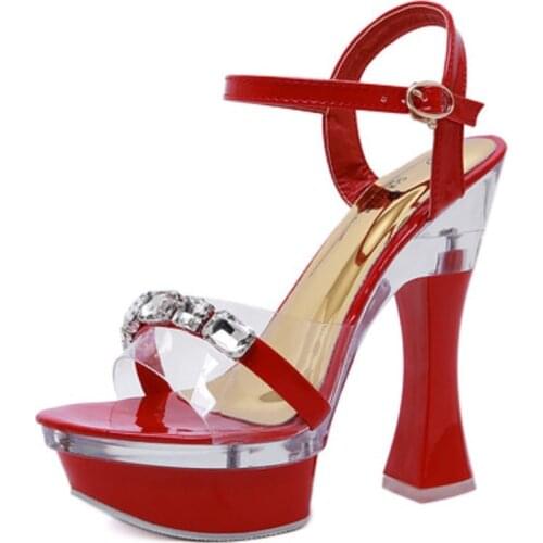 One Word Buckle Color Matching Waterproof Platform 15cm Sweet Rhinestone Fashion Summer Hot Sale Ladies High Heels