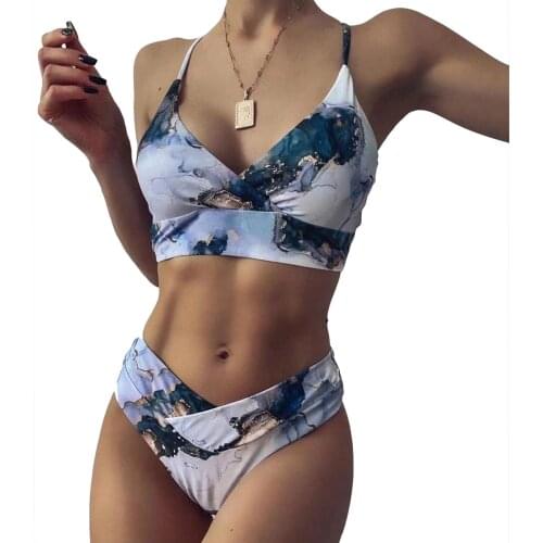 Hirigin Womens 2Pcs Bathing Suit Sexy Sleeveless V-neck One Shoulder Tie Dye Print Wrap Bikini Tops High Waist Bottom Swimsuit