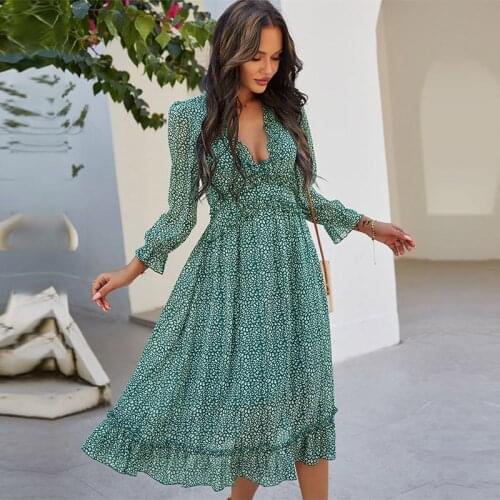 2021 New Spring Summer Womens Sexy V Neck Print Elegant Long Dress Ladies Butterfly Sleeve High Waist Vacation Dress