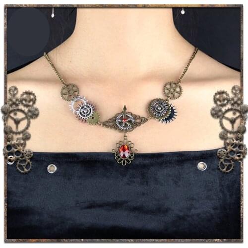 Steampunk Womens Necklace Vintage Gear Copper Alloy Necklace Red Pendant Handmade DIY Necklace Retro Punk Accessory