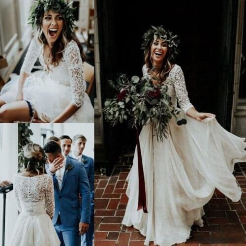 Plus Size Long Sleeves Two Pieces Beach Country Wedding dresses 2020 Chiffon Ruffles Lace Top Custom Made Bohemian Bridal Gowns