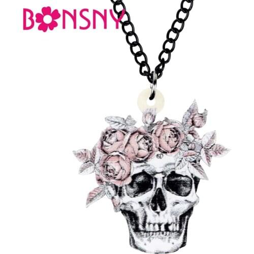 Bonsny Acrylic Halloween Flower Skull Necklace Chain Collar Pendant Jewelry For Women Kids Teens Fashion Festival Gift Charms