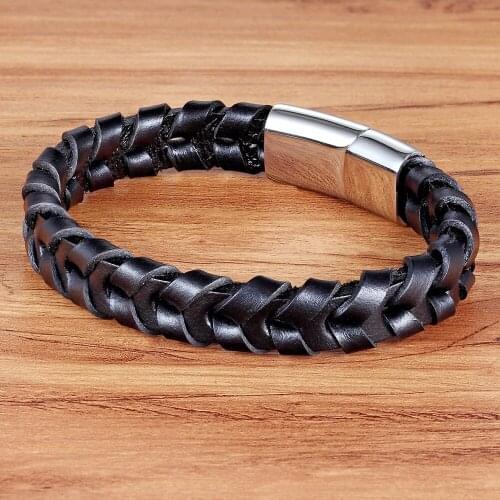 TYO Braided Hand Bracelet Stainless Steel Magnetic Clasp Black & Brown Color Genuine Leather Bracelet For Men Birthday Gift
