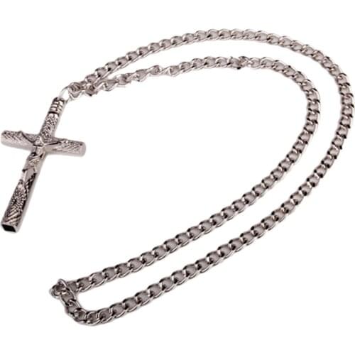 Chrome Steel Cross Christian Drum Key Jesus Crucifix Necklace Long chain