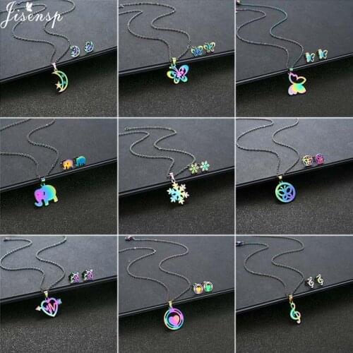Jisensp Korean Style Stainless Steel Jewelry Sets Colorful Moon Star Butterfly Snowflake Pendant Necklace Earrings for Women