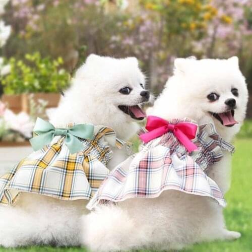Plaid Skirt Dog Cat Small Medium Dogs Dress Bow Pet Clothes Spring and Summer For Pets Cat Clothing