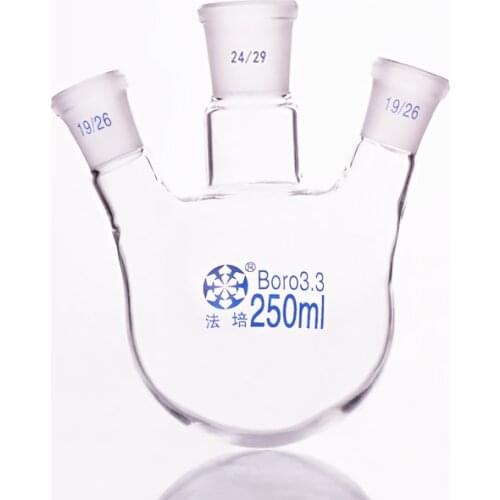 Three-necked flask oblique shape,with three necks standard grinding mouth,Capacity 250ml,Middle joint 24/29,lateral joint 19/26