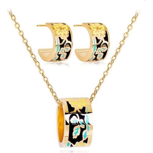 MIQIAO Enamel Pendant Necklace Piercing Stud Earring Jewellery Set for Women Girls Anillos Mujer Friends Gift Pendientes Fashion