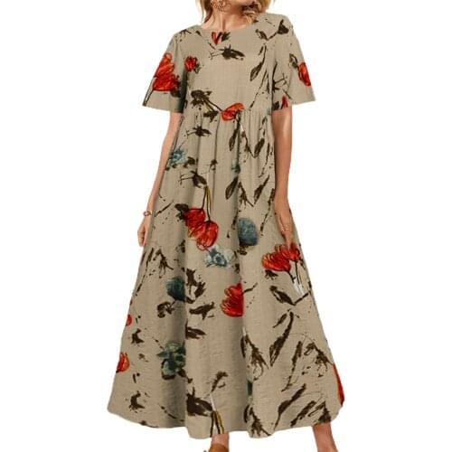 Summer dress Summer Beach Boho Women Color Block Flower Print Short Sleeve Loose Maxi Dress robe femme Womens Clothing 2021