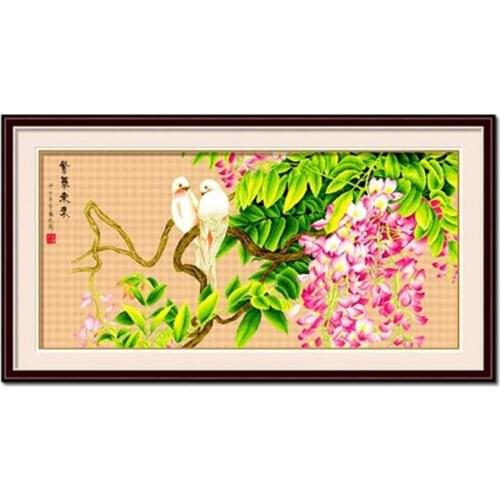 Two White Parrot on Wisteria Pink Flowers Stamped Cross Stitch Kit embroidery needlework set