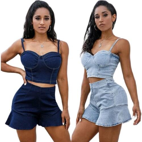 New Sexy Womens Two Piece Set Outfits Crop Top And Denim Shorts Suit With High Elastic Ruffles Plus Size Shorts Suit