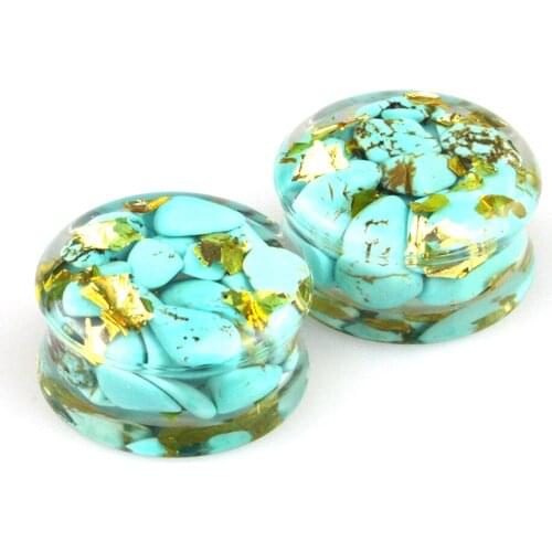 Wholesale Ear Gauges Plug Turquoise-stone Gold Foil Resin Flesh Tunnel Expander Body Piercing Jewelry 10mm-25mm 48 Pieces