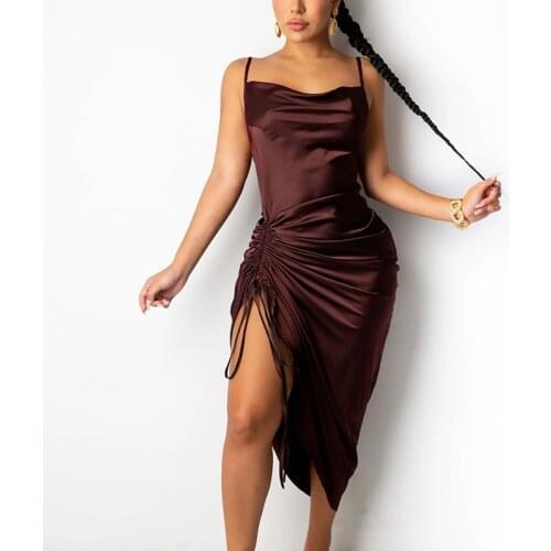 New Arrival Spring Summer Slim Sexy Dresses Women Backless Spaghetti Strap Dress Satin Sleeveless Ruched Long Office Wear