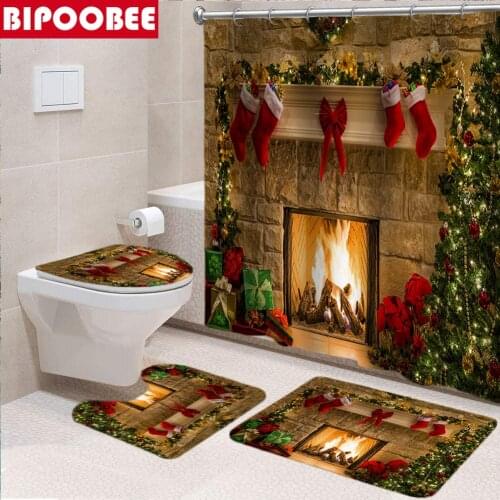 Merry Christmas Bathroom Set Living Room Fireplace Print Shower Curtain Festival Decor Bath Floor Mat Non Slip Rugs Toilet Cover