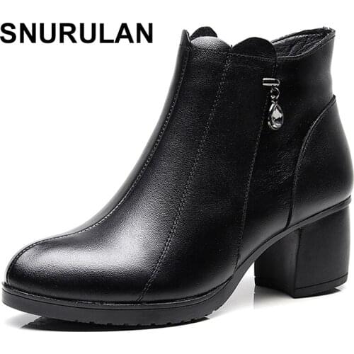 SNURULAN Women Ankle Boots Soft Genuine Leather Thick High Heels Shoes Platform Boots Winter Autumn Boots Warm Fur E596