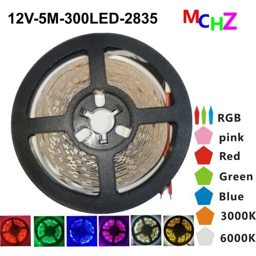 New SMD 2835 DC12V RGB LED Strip Light 5M 60leds/M NO Waterproof Tape Flexible Diode Ribbon Warm White Red Bleue Green Pink