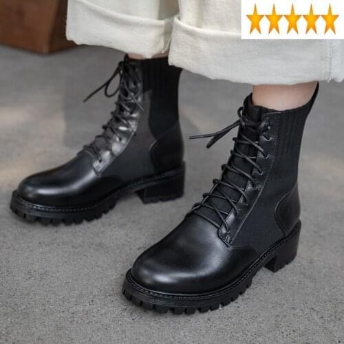 Fabric British Stretch Women Motorcycle Sock Patchwork Genuine Leather Shoes Lace Up Block Med Heels Riding Ankle Boots